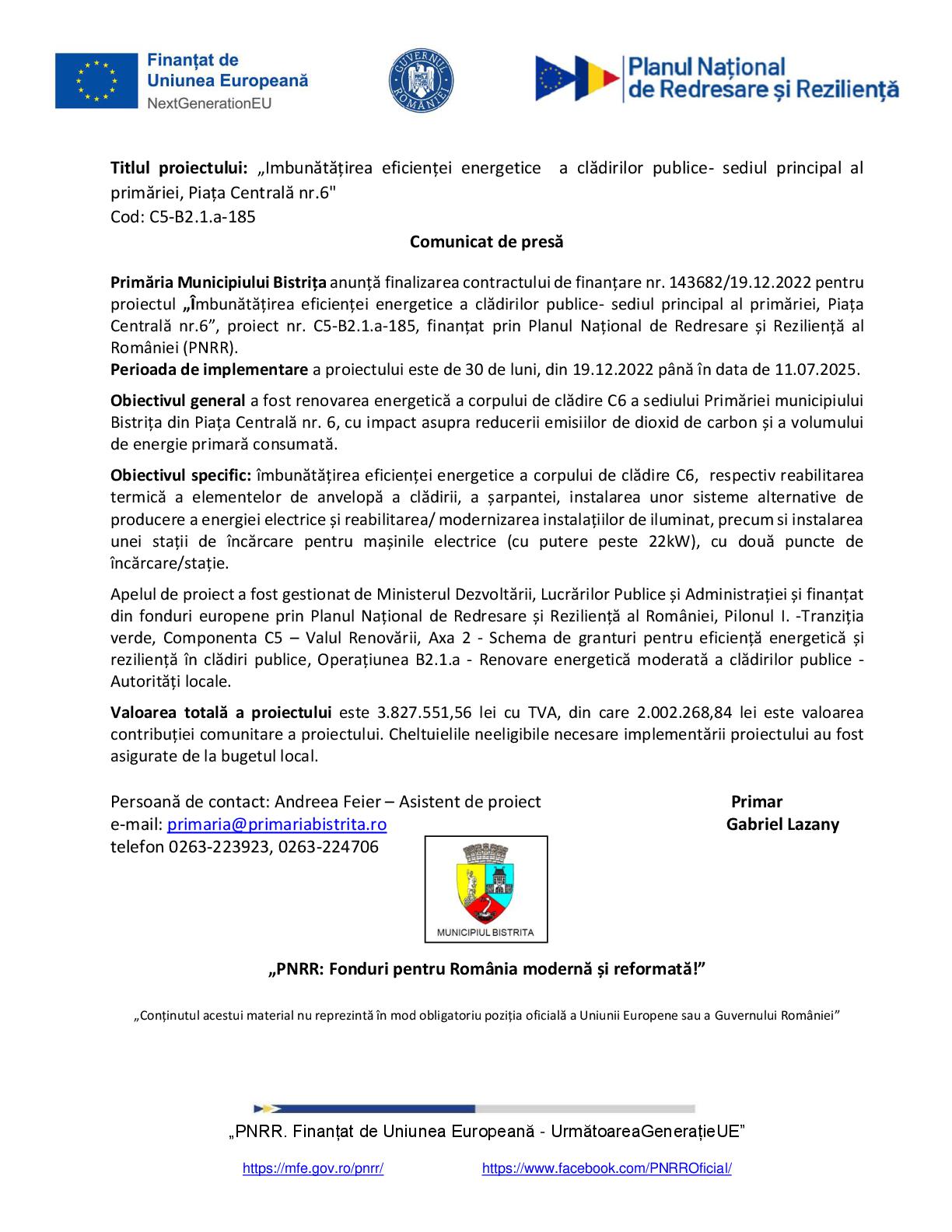 Comunicat de presă „Îmbunătățirea eficienței energetice a clădirilor publice – sediul principal al primăriei, Piața Centrală nr. 6″