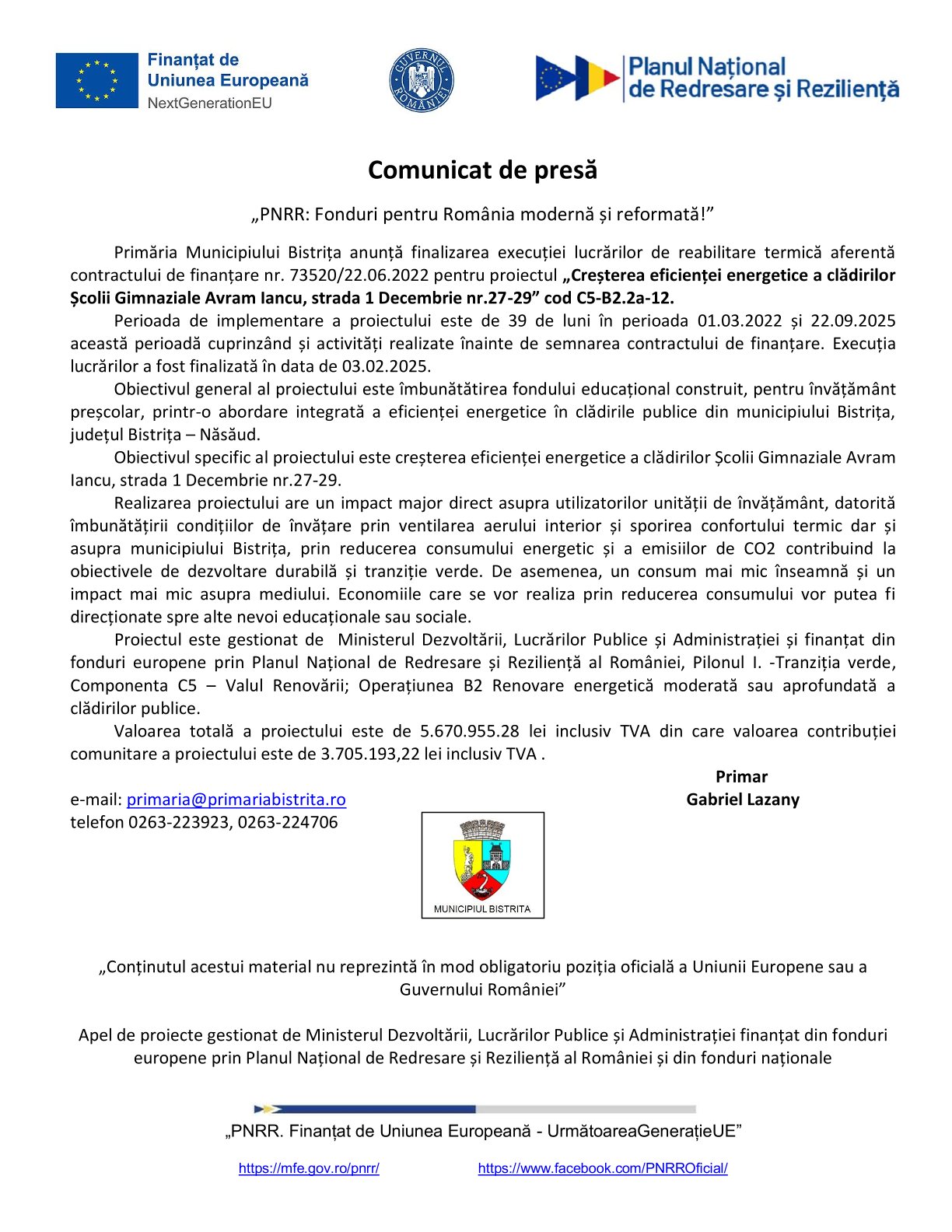 Comunicat de presă „PNRR: Fonduri pentru România modernă și reformată!”