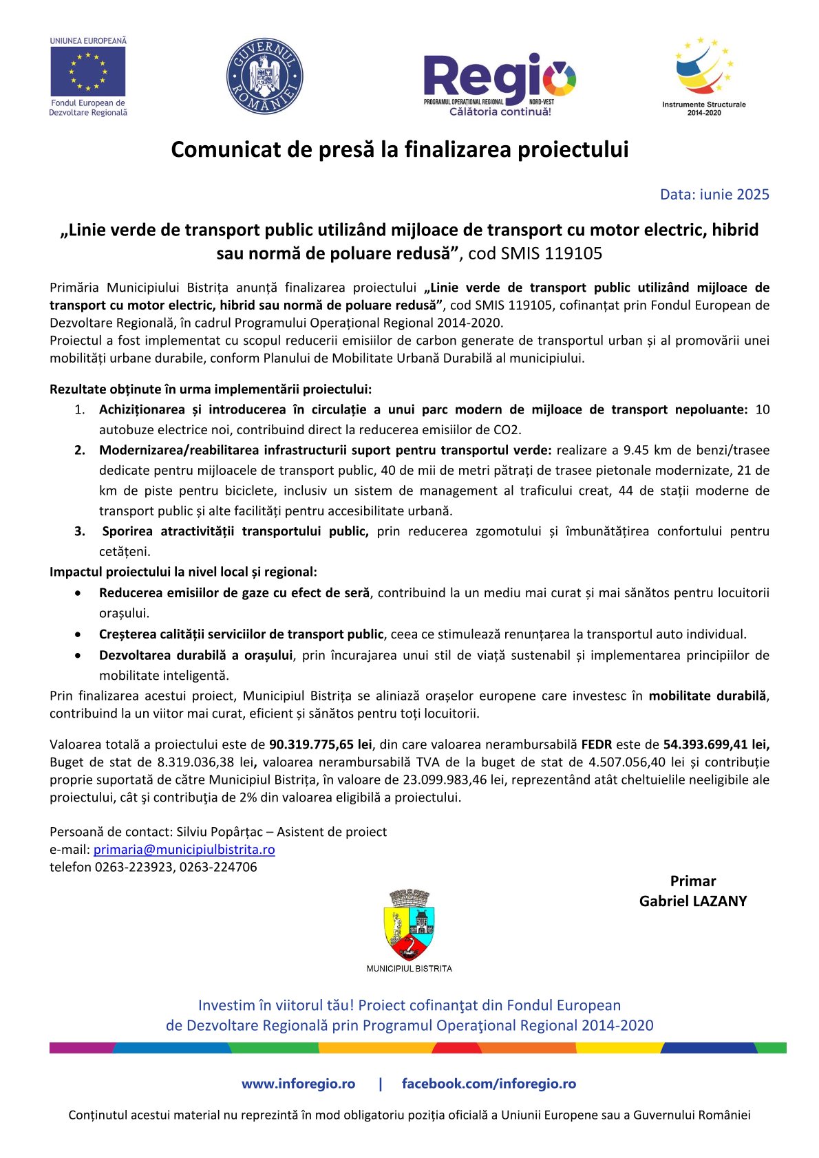 Comunicat de presă la finalizarea proiectului – Linie verde de transport public utilizând mijloace de transport cu motor electric, hibrid sau normă de poluare redusă