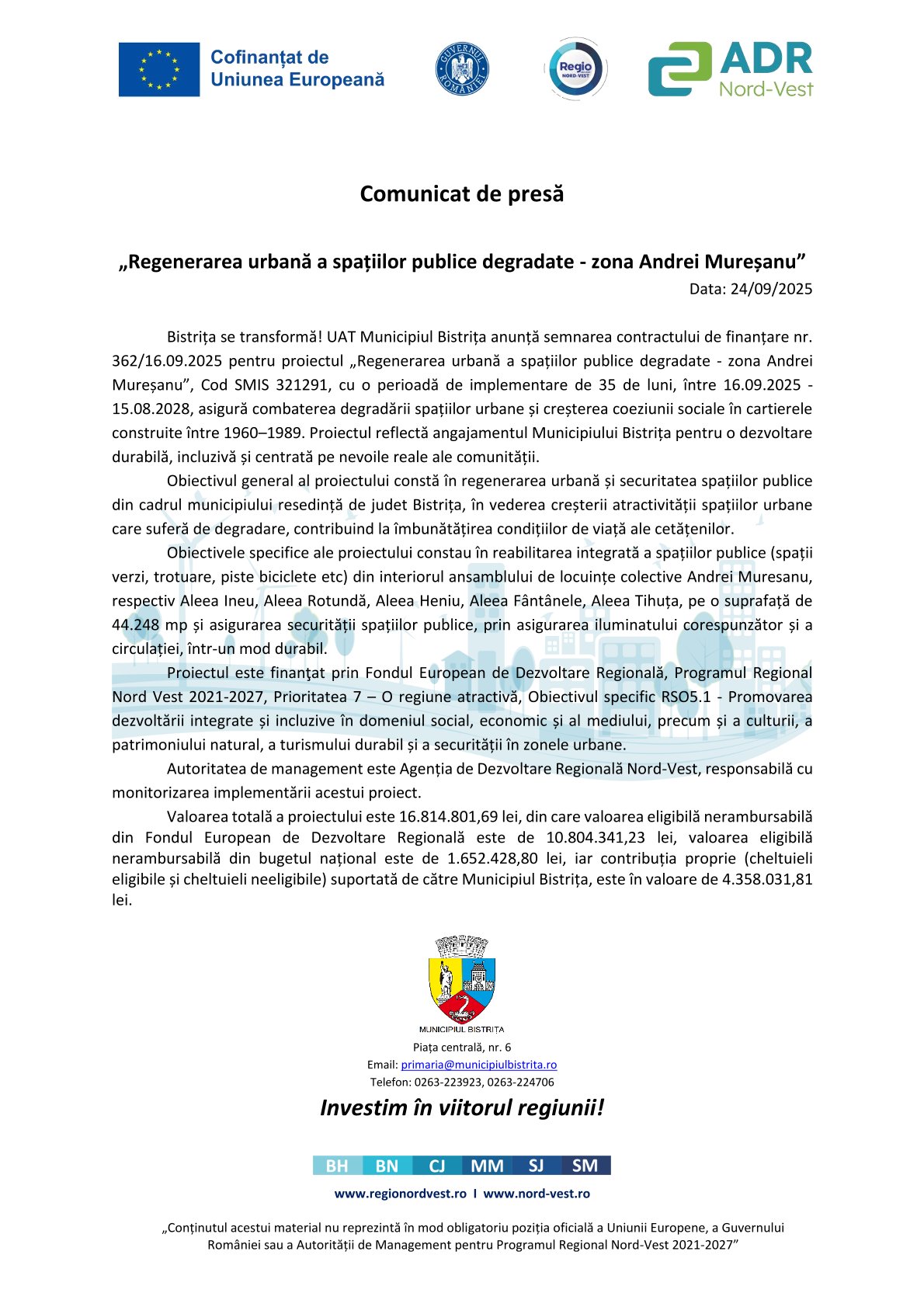 Comunicat de presă „Regenerarea urbană a spațiilor publice degradate – zona Andrei Mureșanu”